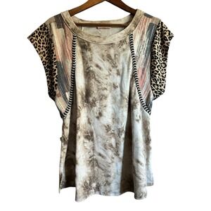 Ces Femme Tie Dye Leopard Print Patchwork Tunic Top Women's Size Large‎